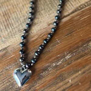 8mm Black Pearl Necklace with Metal Heart Pendant - 18” length